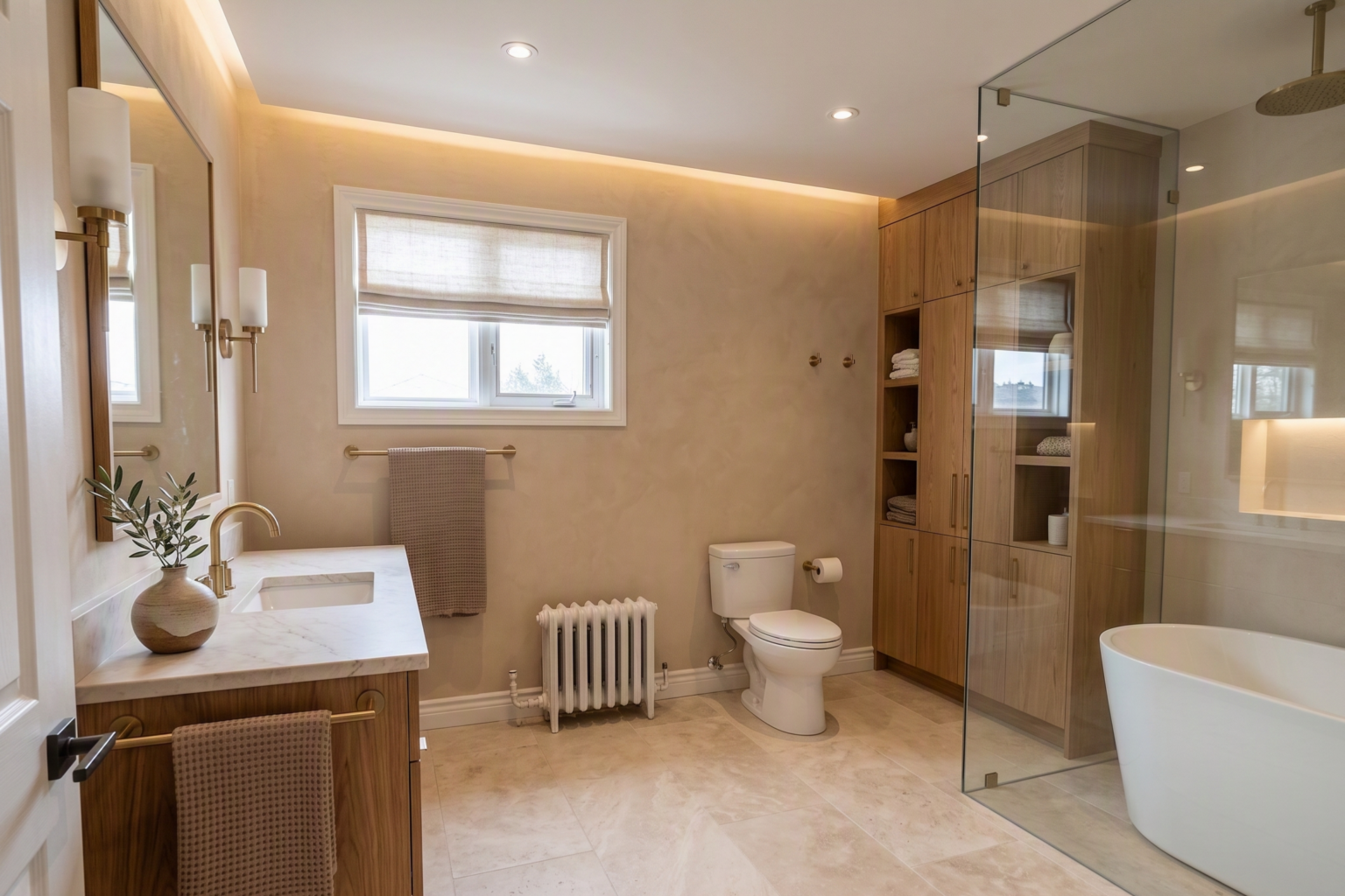 Bathroom with pale stone finishes