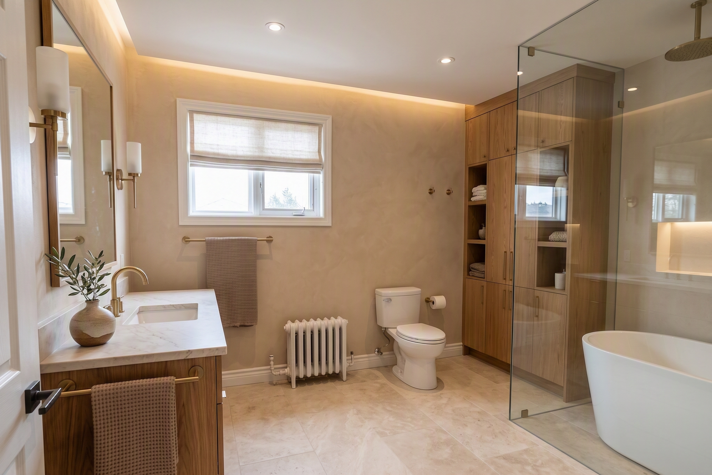Bathroom design with a glass shower enclosure, freestanding bathtub and timber vanity