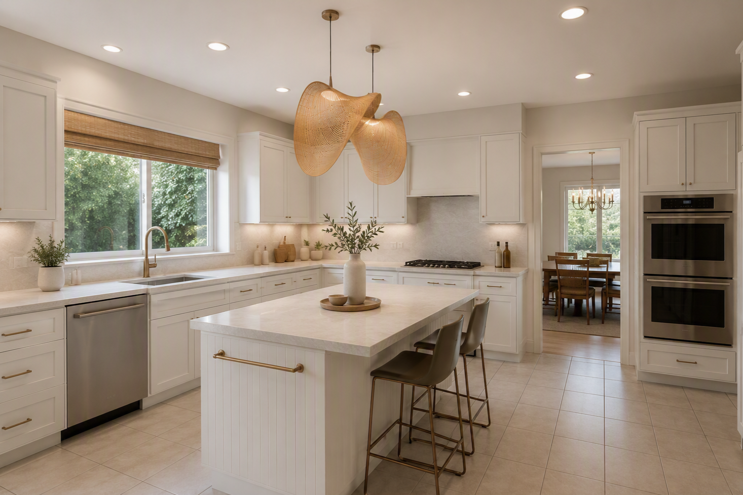 Kitchen design with white cabinets, a pale stone island and sculptural pendant lights