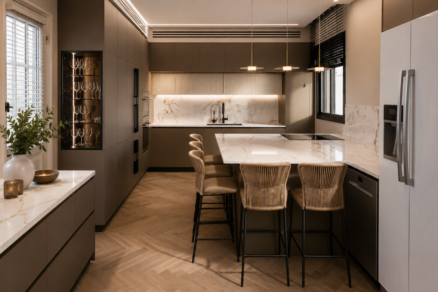 Kitchen design with dark flat-panel cabinets, pale stone counters and an island with woven stools