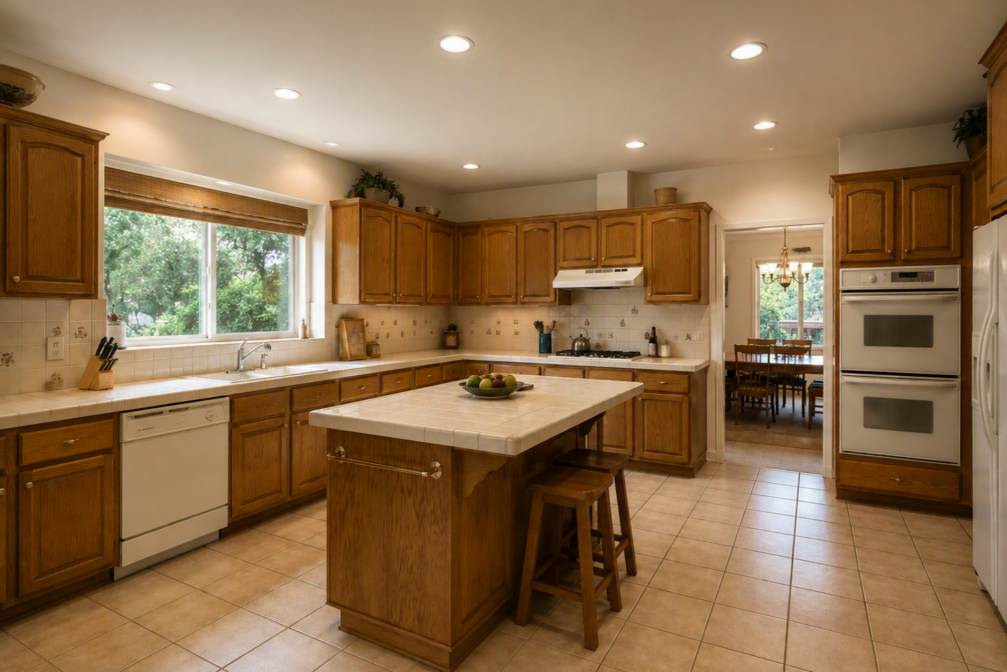 Kitchen before redesign, with oak cabinets, tiled floor and a small central island