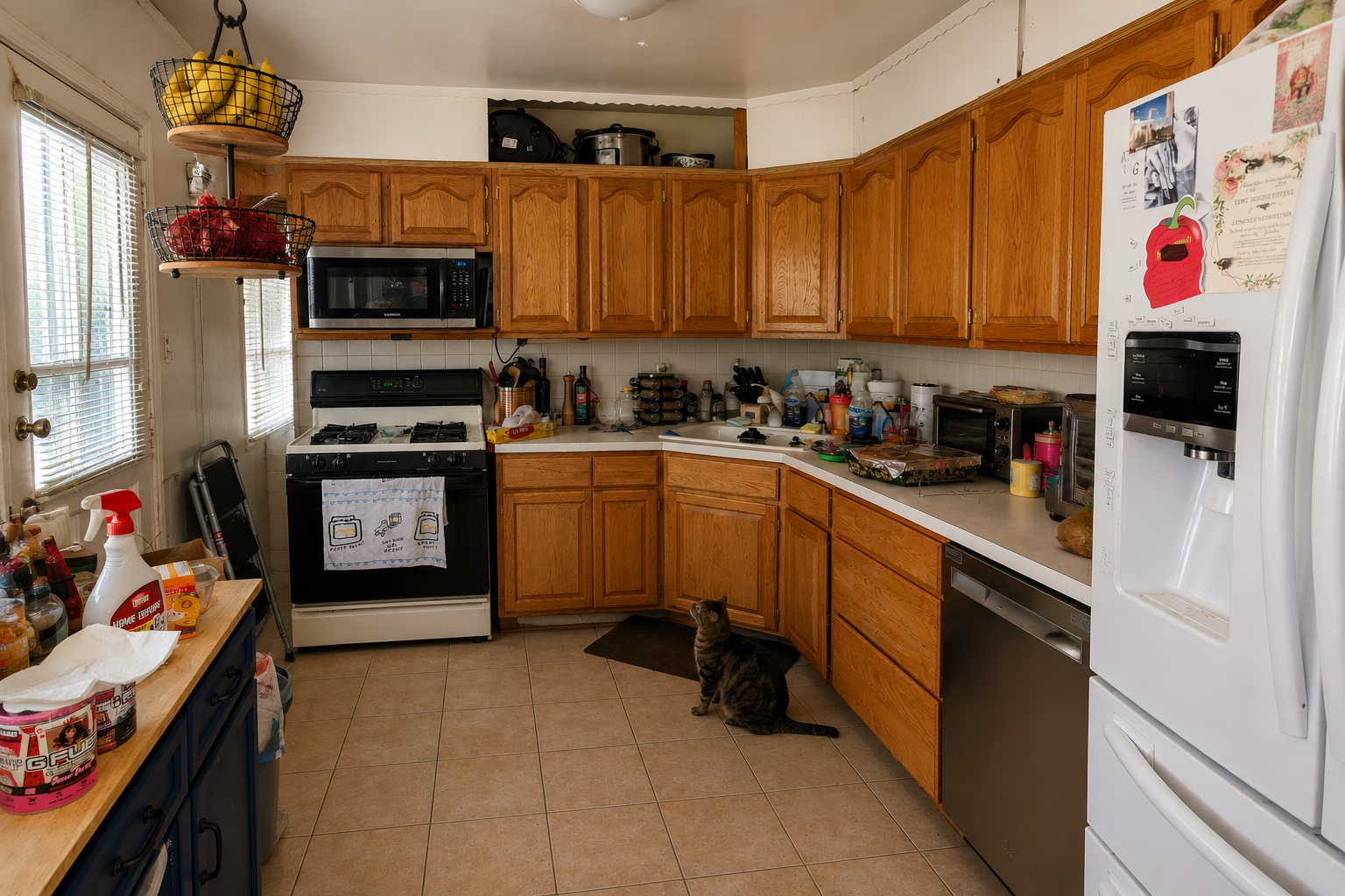 Compact kitchen before redesign, with oak cabinets, white appliances and crowded worktops