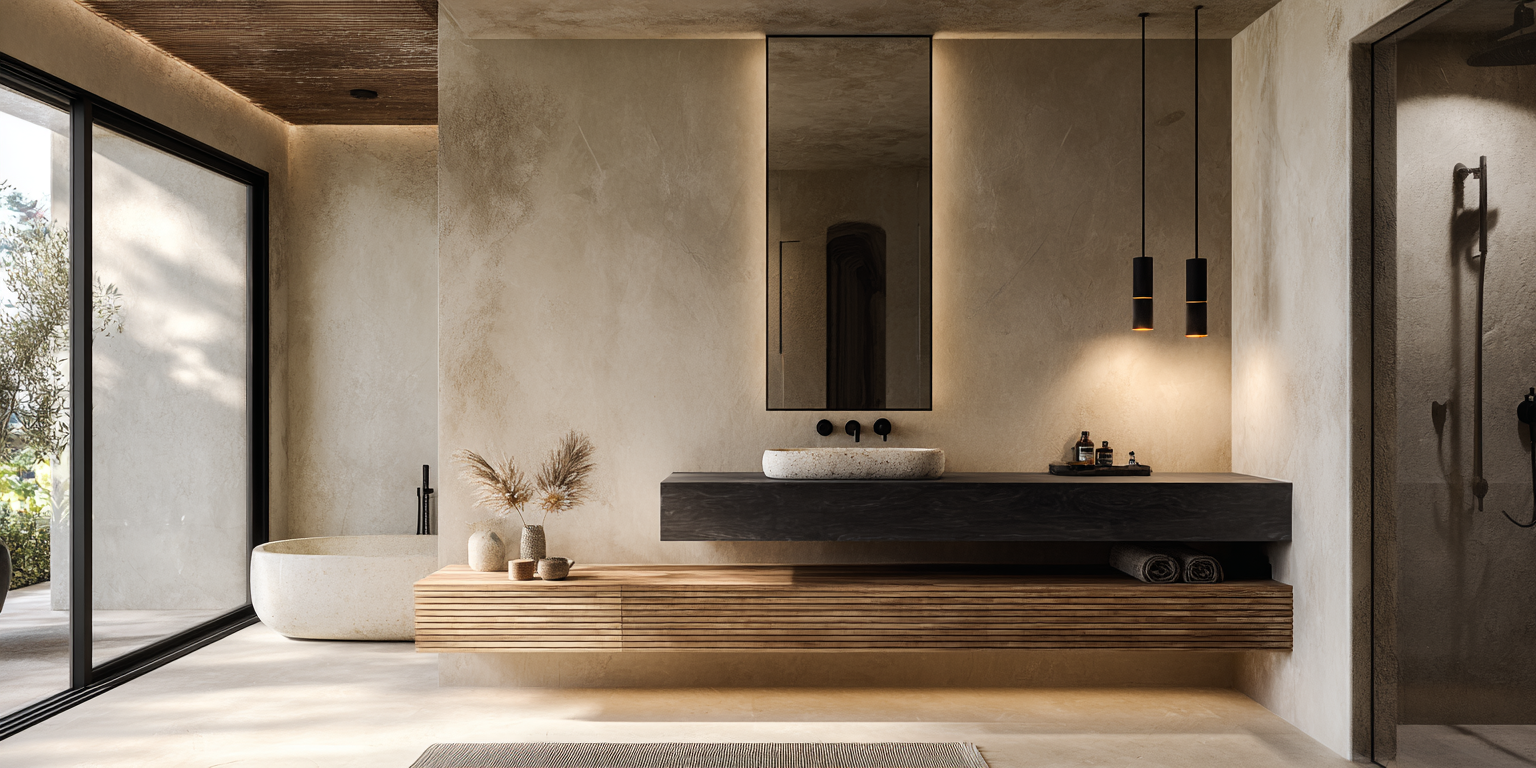 Japanese inspired bathroom with natural finishes