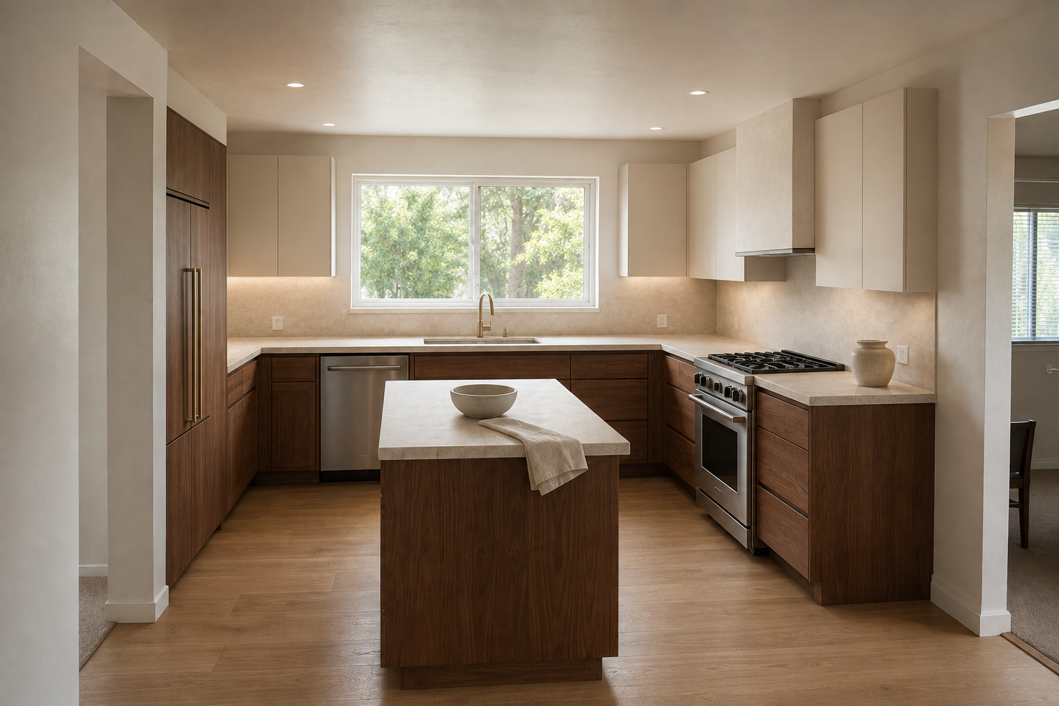 Walnut kitchen cabinetry and ivory island with warm pendant lighting