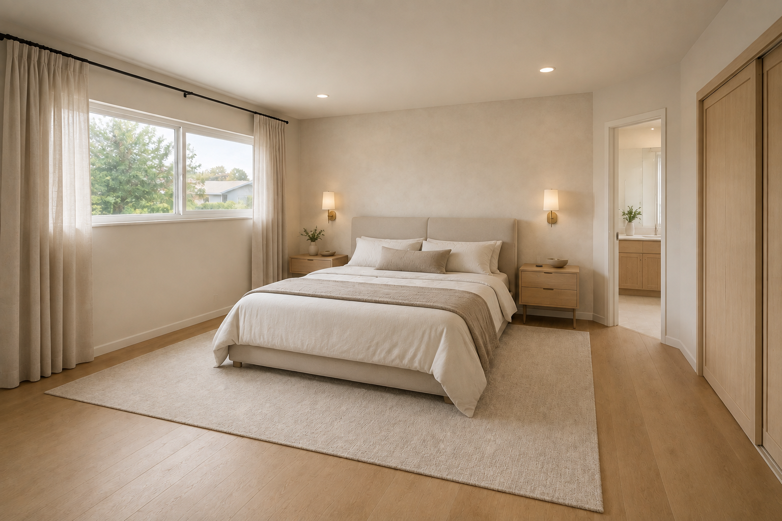 Primary bedroom design with warm neutral finishes