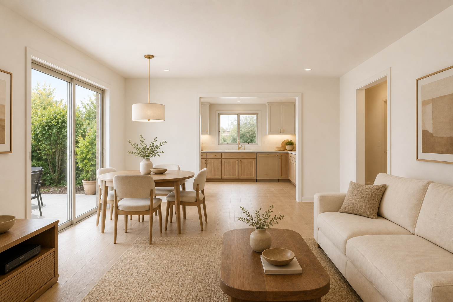 Warm open living space with oak kitchen cabinetry and natural light